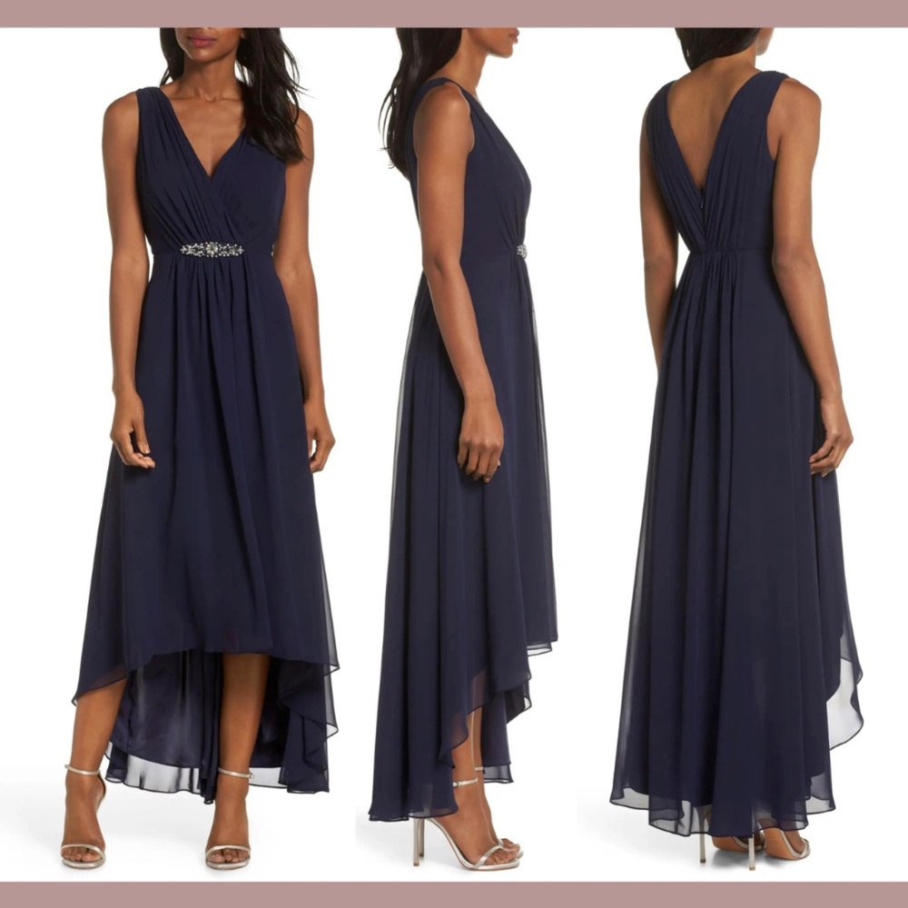 NEW $188 Eliza J [ 2 US‎ ] Embellished High/Low Chiffon Dress in Navy